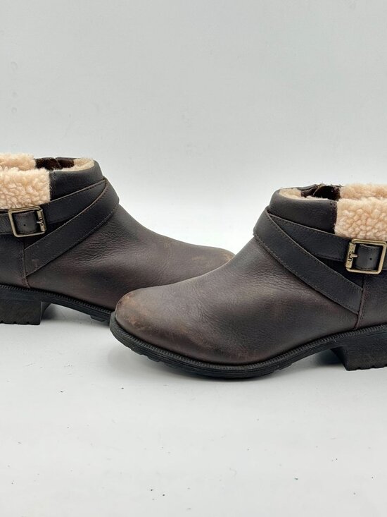 UGG Shoes - UGG Benson Boots II Sz 7 Espresso Brown Leather Shearling Trim Harness Side Zip
